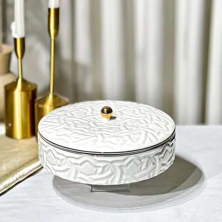 مضيفة مدور 23سم بورسلان ابيض مزخرف 3920H-9-1967-G حيف ومسكة ذهبي ++BP