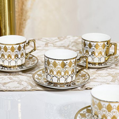 طقم فناجين قهوة 12/12 بورسلان ابيض مدور DT-04 مزخرف اسلامي ++G