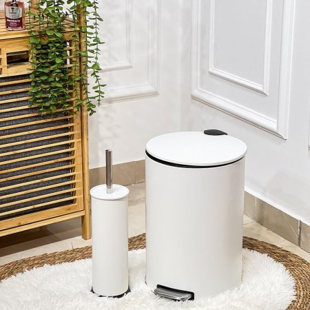 طقم /2 سطل دعسة 12لتر + فرشاة حمام تنك ابيض مدور مع دلو QJB1212+0211WH +ط5 A