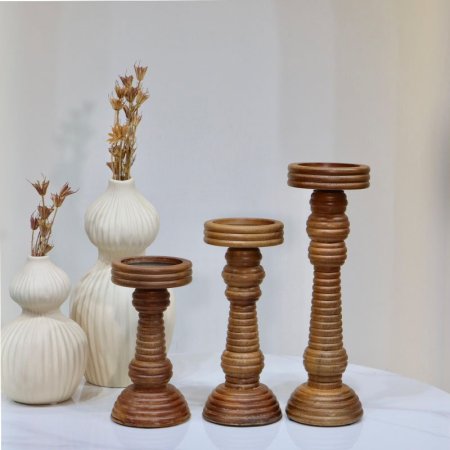 طقم/3 شمعدان شمع 20/25/33 خشب هندي حلقات HO202429S/M/L وجه تنك اسود  %ه7