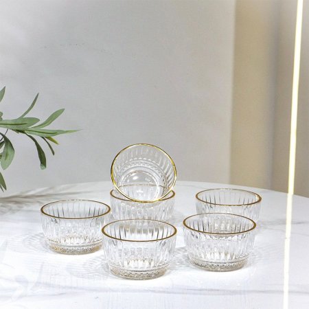 طقم صحون مكسرات مدور /6 زجاج سادة محزز P6003-6G حيف ذهبي ++1G