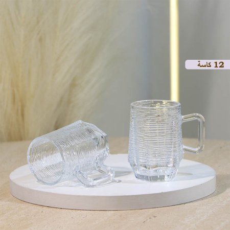 طقم كاسة شاي/12 زجاج سادة محزز بالعرض قاعدة مضلع HY-B13/B ++ع10