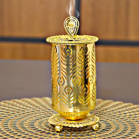 مبخرة اسطوانة حديد ذهبي مخرم ريشة وسط W907-M ^×^