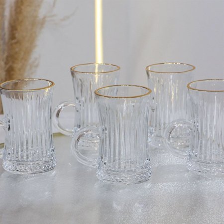 طقم كاسة شاي /12 زجاج سادة محزز حيف ذهبي G2++ KX2231-D