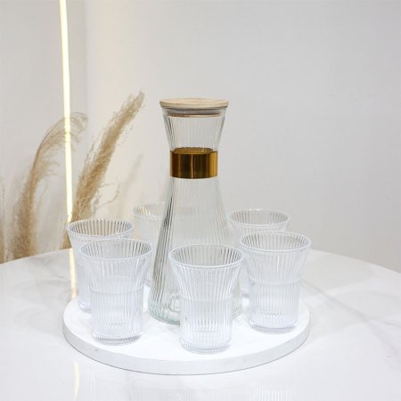 طقم /7 كوز +6 كاسات شراب زجاج سادة محزز FQ-7PCS غطا خشب بامبو ++3G
