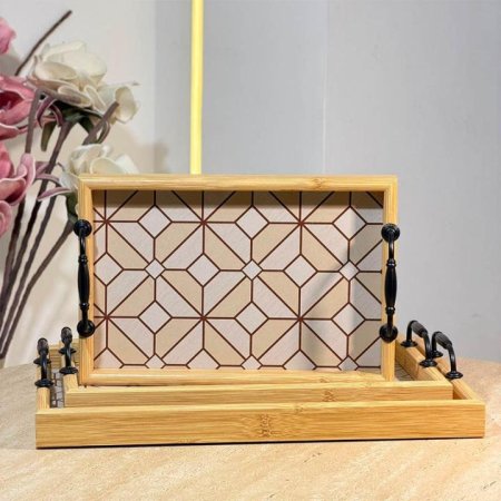 طقم صواني /3 شكل مستطيل (30/35/40) ملون وجه اشكال هندسية بيدين حديد اسود GF9/35 =ب3