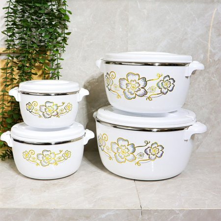 طقم /4 طناجر سفرطاس 1/2/4/6 لتر بلاستيك ابيض مرسم ورد K78/1 =ض3