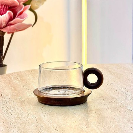 كاسة ماغ زجاج سادة يد حلقة مع صحن خشب GF66/1 =ب7