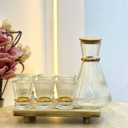 طقم شراب كوز+ 6 كاسات محزز قاعدة ذهبي GF66/11 =ب7