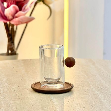 كاسة شاي زجاج دبل GLASS يد خشب مع صحن GF35/9 =ب5