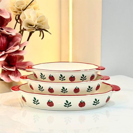 طقم/3 بايركس بيضاوي 10"+12"+14.5" بورسلان ابيض ZD14805 مرسم فراولة  ++BL