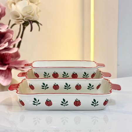 طقم/3 بايركس مستطيل 10"+12"+14.5" بورسلان ابيض ZD14794-1 مرسم فراولة ++BL