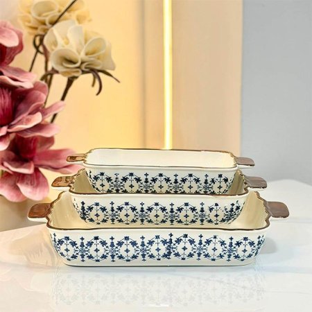 طقم/3 بايركس مستطيل 10"+12"+14.5" بورسلان ابيض ZD14796 مرسم ورد ازرق  ++BL