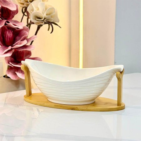جاط سلطة 12" شكل قارب بورسلان ابيض ZD15903 قاعدة خشب ++BL