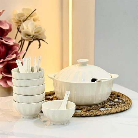 طقم شوربة 15قطعة بورسلان ابيض  ZD15266 محزز عريض ++BL