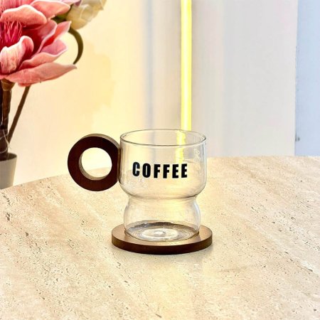 كاسة ماغ زجاج خصر يد حلقة مع صحن خشب GF41/5 =ب7