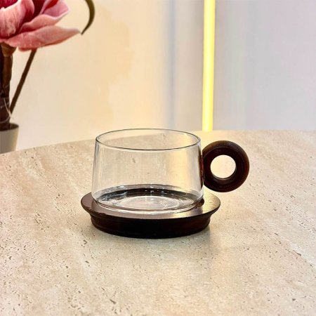 كاسة ماغ زجاج يد حلقة مع صحن خشب GF41/7 =ب7