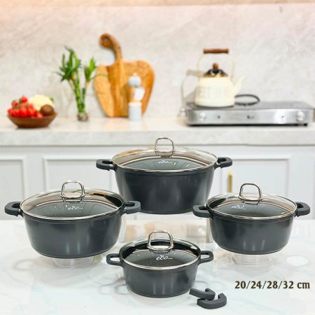 طقم /4 طناجر 32/28/24/20 سم المنيوم سكب سكني G محزز غطا زجاج ECO WAER+