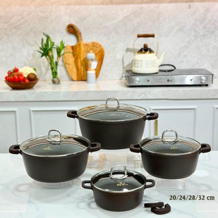 طقم /4 طناجر 32/28/24/20 سم المنيوم سكب بني  Bمحزز غطا زجاج ECO WAER+