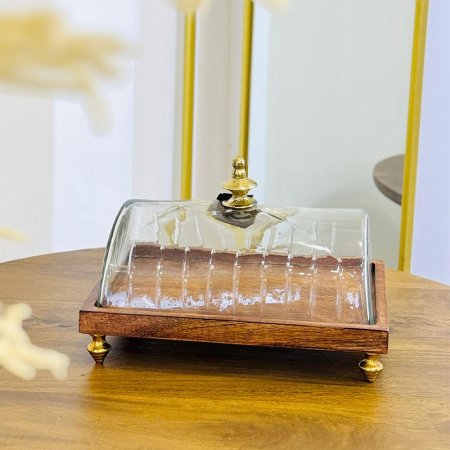 مضيفة مستطيل خشب 30*22سم  89164 غطا زجاج محزز مسكة نحاس هندي %ه9