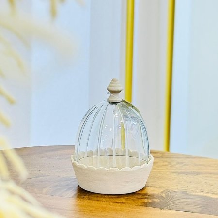 مضيفة مدور13سم غطا زجاج قبة محزز 89240 قاعدة تنك ونحاس BEIGE هندي %ه9
