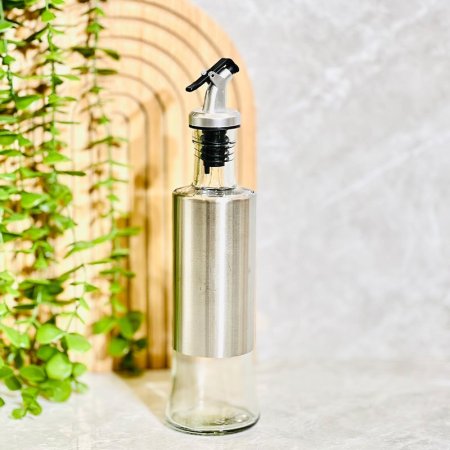 قنينة زيت زجاج مدور 350مل خصر وغطا ستانلس ضغط  K135/12 =ض10م