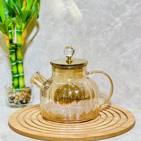 ابريق شاي 1 لتر زجاج عسلي محزز غطا ستانلس ذهبي K8/2 =ض9