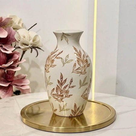 فازه بورسلان 28سم بيج مرسم ورق عنق عريض A148/8 =ب11