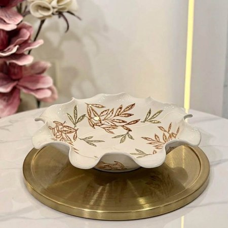 جاط فواكة بورسلان 30سم بيج مرسم ورق شكل وردة A148/12 =ب11