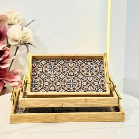 طقم صواني/3 مستطيل خشب بامبو بيدين مقبض ذهبي وجه مرسم GF89/2 =ب11