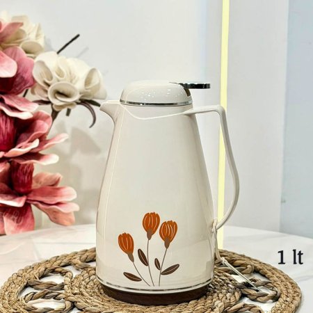 تيرموس قهوة 1 لتر بلاستيك بيج مرسم ورد يد كبسة فضي CF81/1 =ب11