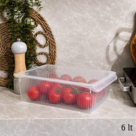 سلة ثلاجة V  مستطيل 6لتر بلاستيك شفاف محزز بغطا 1079 تركي 04/24 +B1