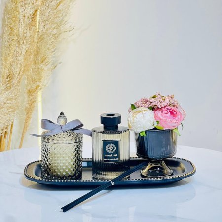 طقم /4 صينية بيضاوي بلاستك +معطر+فازة+سكرية K13/1 زجاج اسود =VGR2