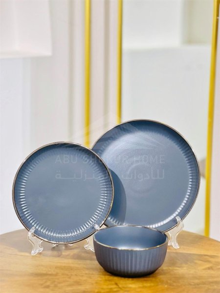 طقم صحون سفرة/24 بورسلان DARK GREY كحلي غامق مدور محزز Jz18d++