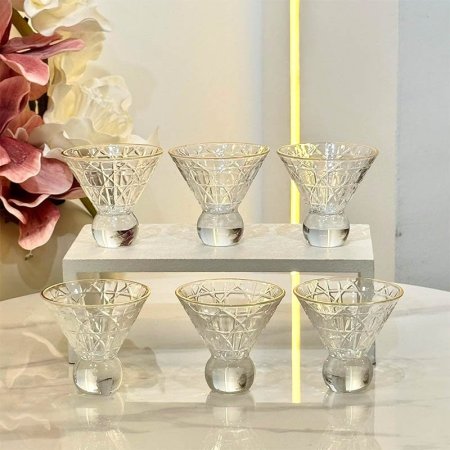 طقم كاسة بوظة/6 زجاج سادة مزخرف حيف ذهبي برجل طابة GF234/6 =ب14