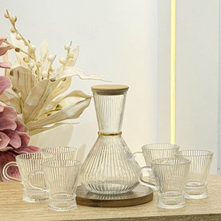 طقم /7 كوز  +6كاسات بيد زجاج سادة محزز شكل جرة عنق اسوارة ذهبي GF240/4 =ط4-4