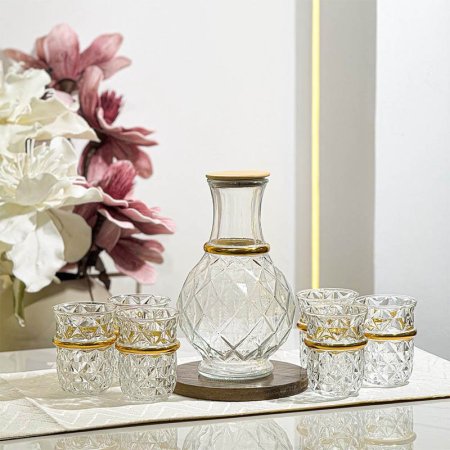 طقم /7 كوز  +6كاسات زجاج سادة محزز شكل اناناس عنق اسوارة ذهبي GF240/8 ++ا.ر