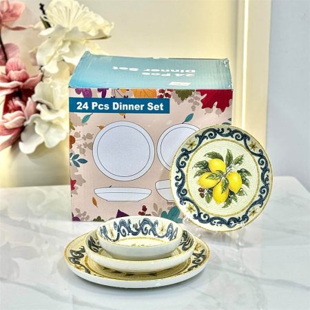 طقم صحون سفرة 24 قطعة بورسلان ابيض مرسم ليمون GF44/3 =ب17