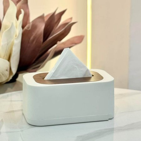 علبة محارم بلاستيك بيج مع غطا خشب F=GF25/11