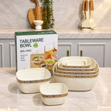 طقم صحون مربع/8 اكريلك ابيض حيف ذهبي احجام GF103/31 =ب16