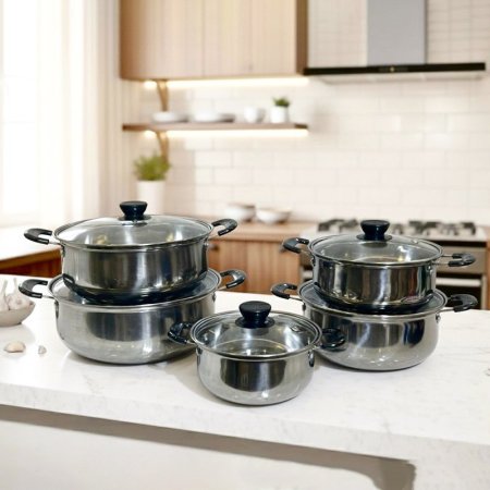 طقم طناجر/10 ستانلس ستيل 16/18/20/22/24سم غطا زجاج  K168/1 =ك3