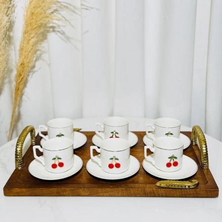 طقم فناجين قهوة 6/6 بورسلان ابيض تعليقة كرزة K401/5 =ك4