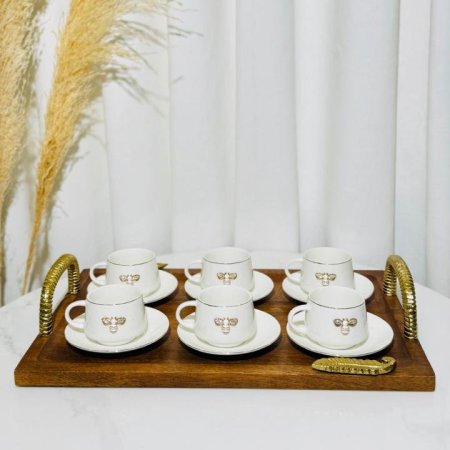 طقم فناجين قهوة 6/6 بورسلان ابيض قدرة تعليقة نحلة K401/7 =ك4