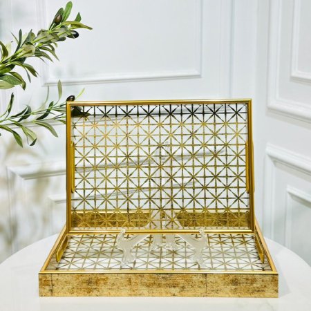 طقم صواني/2 وجة زجاج مرسم اندلسي اطار خشب مذهب K55/15 =ك1