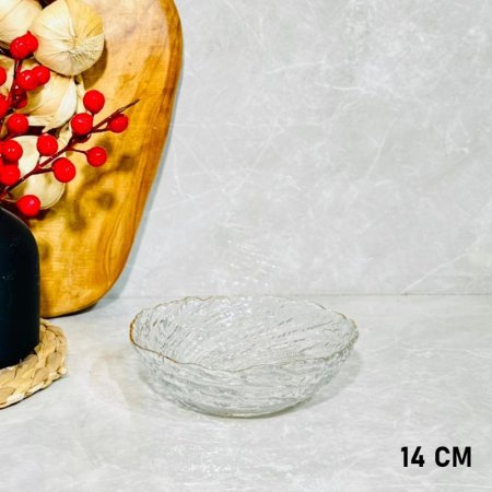 صحن مكسرات زجاج مدور محزز لف 14سم حيف ذهبي معرج K32/6 =ك3