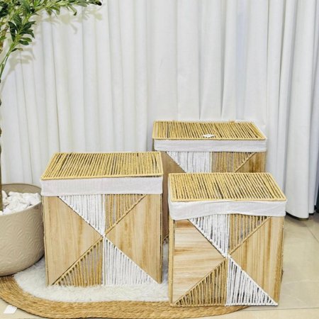 طقم سلال مستطيل/3 احجام قش حبل ابيض وبني K57/6 =ك1