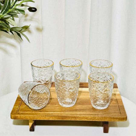 طقم كاسة ماء طويل /6 زجاج سادة 350مل  مبزر خلية نحل حيف ذهبي K79/5 =ك2