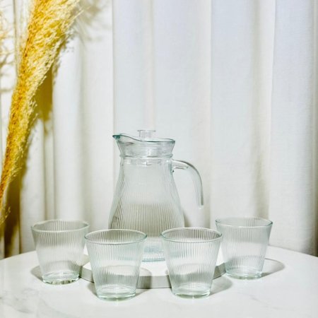 طقم /5 كوز + 4 كاسات زجاج محزز غطا اكرلك K47/4 =ك3