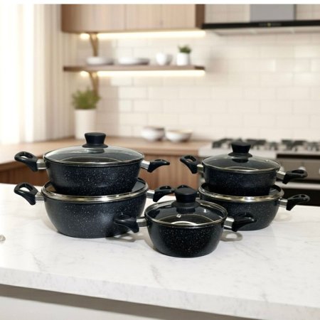 طقم/10طناجر تيفال اسود منقط 18/20/22/24/26سم غطا زجاج K89/1 =ك3