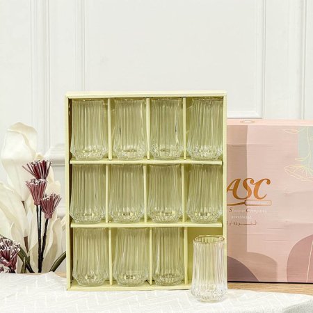 طقم كاسة ماء /12 زجاج سادة محزز  حيف ذهبي KX2176-B +غ2